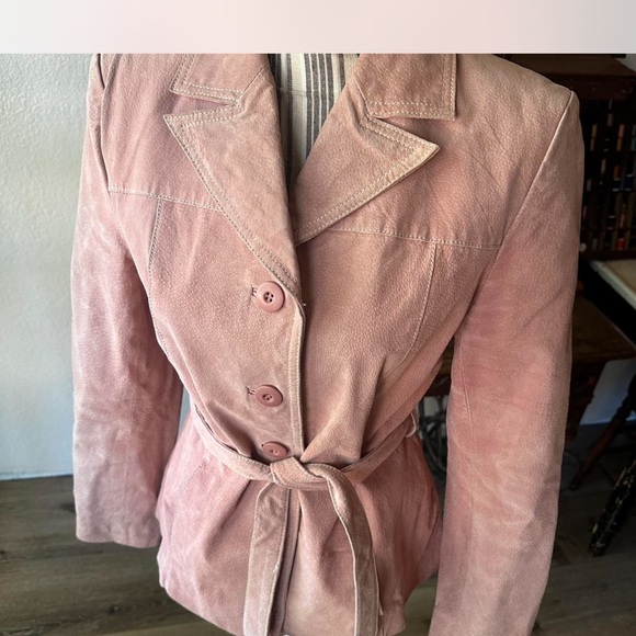 Women's Pink Genuine Leather Suede Jacket - Picture 2 of 7